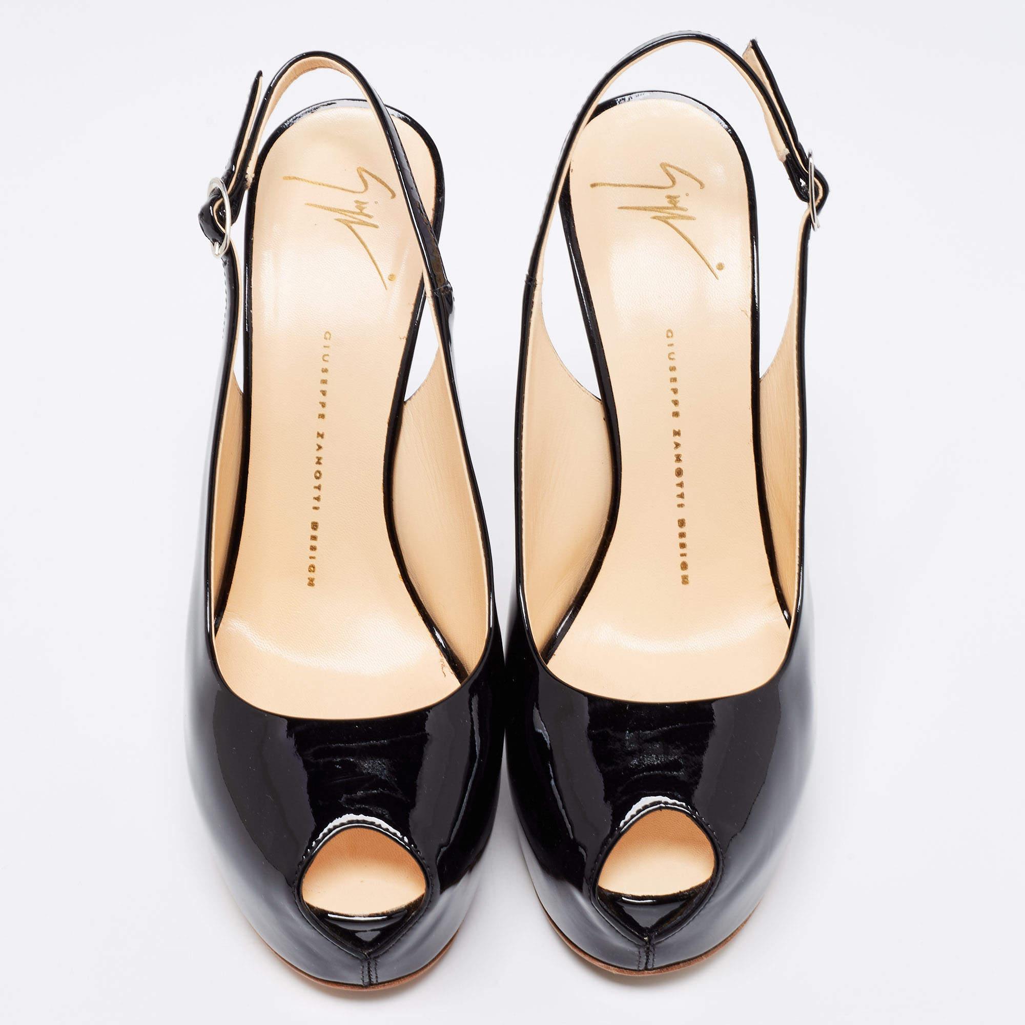 Giuseppe Zanotti Black Patent Leather Peep Toe Platform Sandals Size 40 In Fair Condition In Dubai, Al Qouz 2