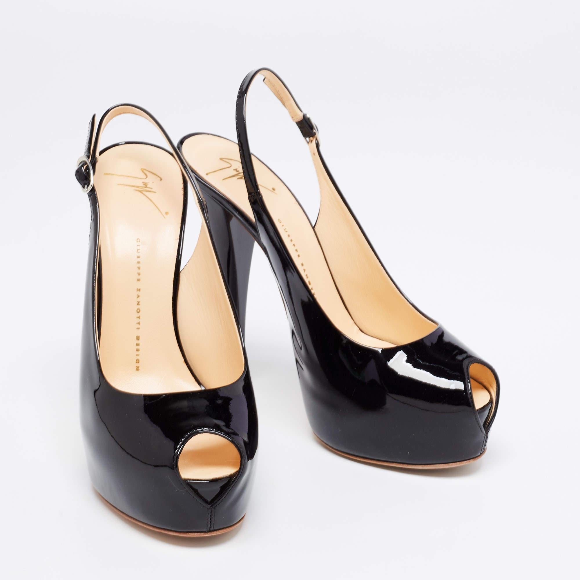 Women's Giuseppe Zanotti Black Patent Leather Peep Toe Platform Sandals Size 40