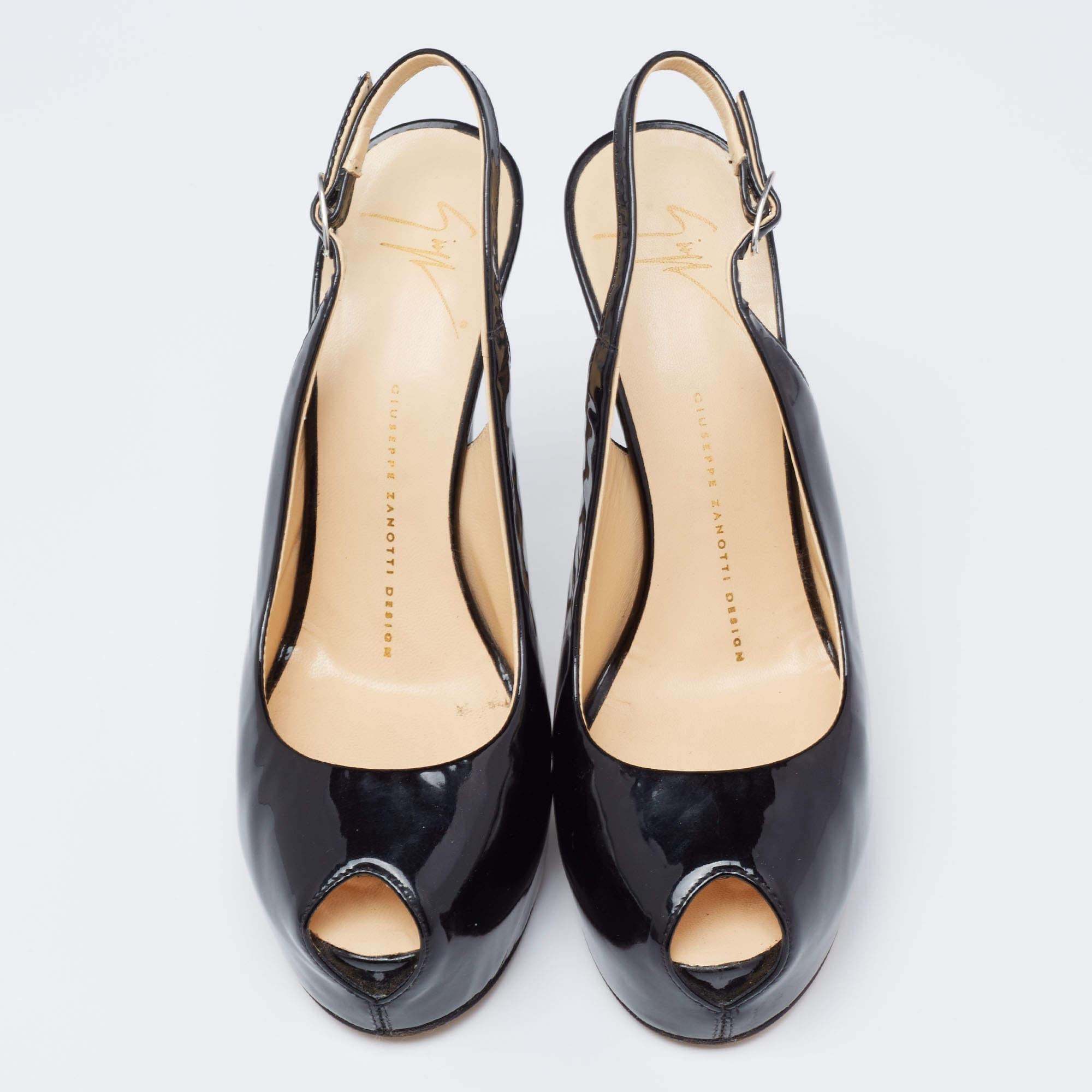 Giuseppe Zanotti Black Patent Leather Peep Toe Slingback Platform Pumps Size 38 In Good Condition In Dubai, Al Qouz 2