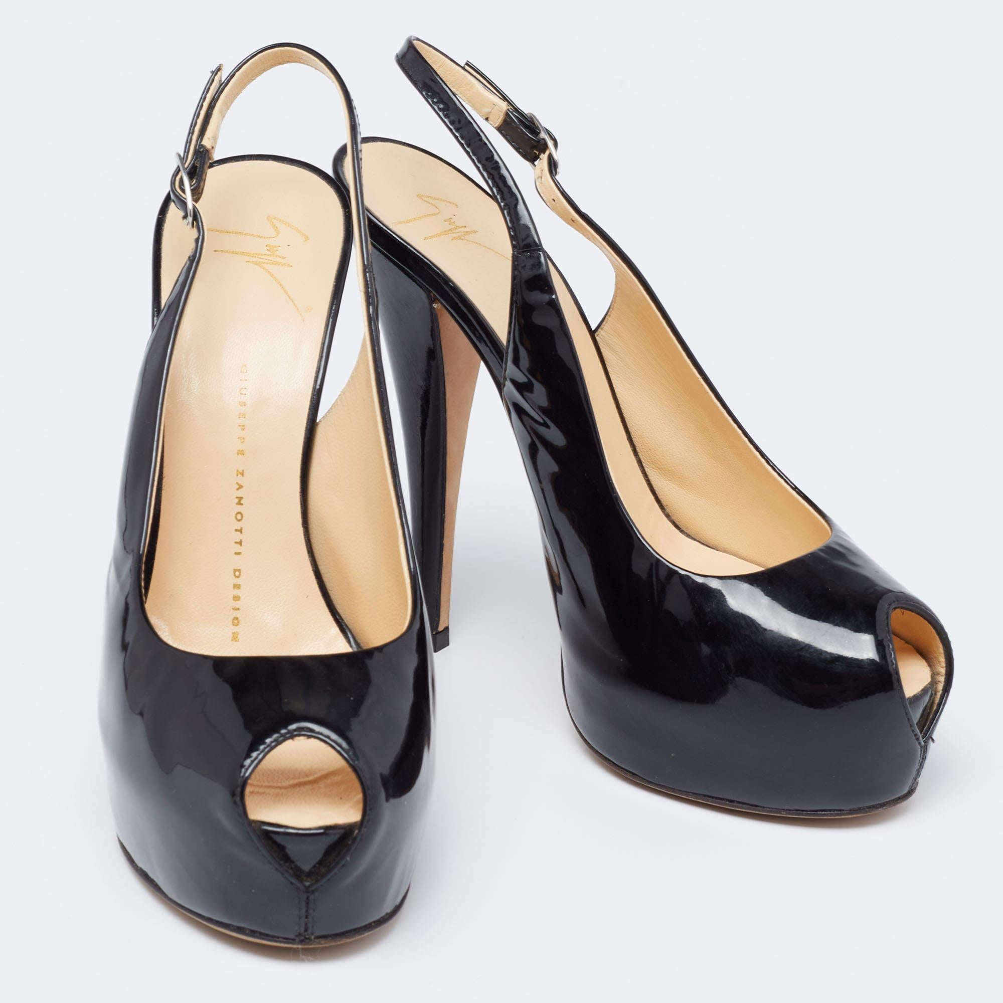Women's Giuseppe Zanotti Black Patent Leather Peep Toe Slingback Platform Pumps Size 38