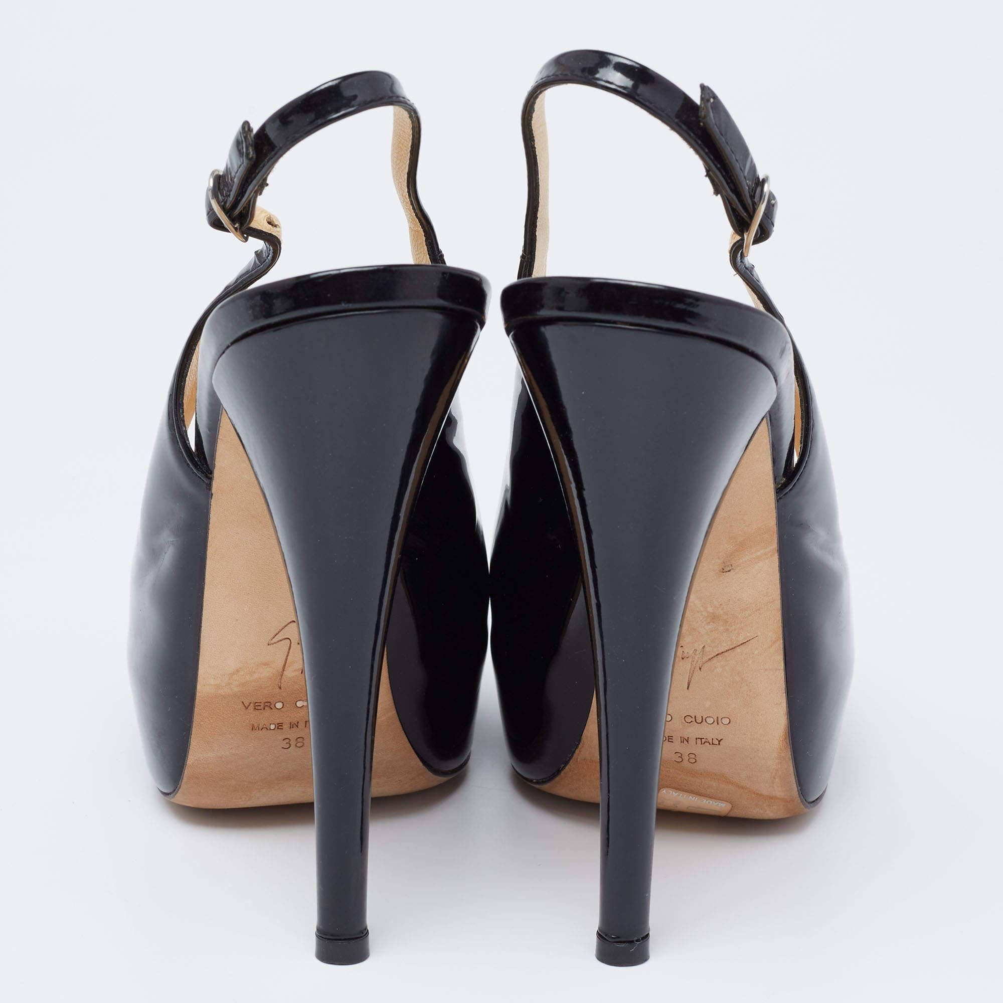 Giuseppe Zanotti Black Patent Leather Peep Toe Slingback Platform Pumps Size 38 1