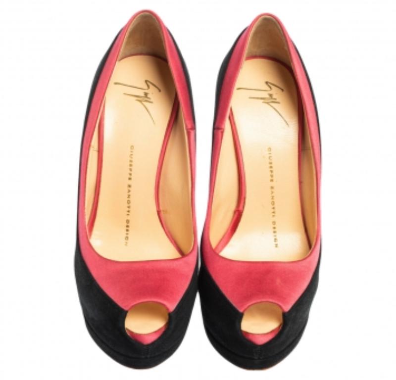 Noir Giuseppe Zanotti Black/Pink Suede and Satin Peep Toe Platform Pumps Size 36