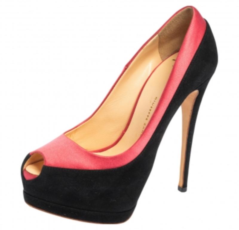 Giuseppe Zanotti Black/Pink Suede and Satin Peep Toe Platform Pumps Size 36 1