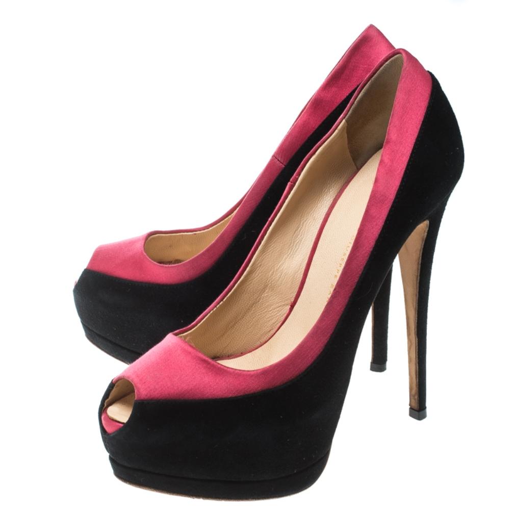 Women's Giuseppe Zanotti Black/Pink Suede and Satin Peep Toe Platform Pumps Size 38