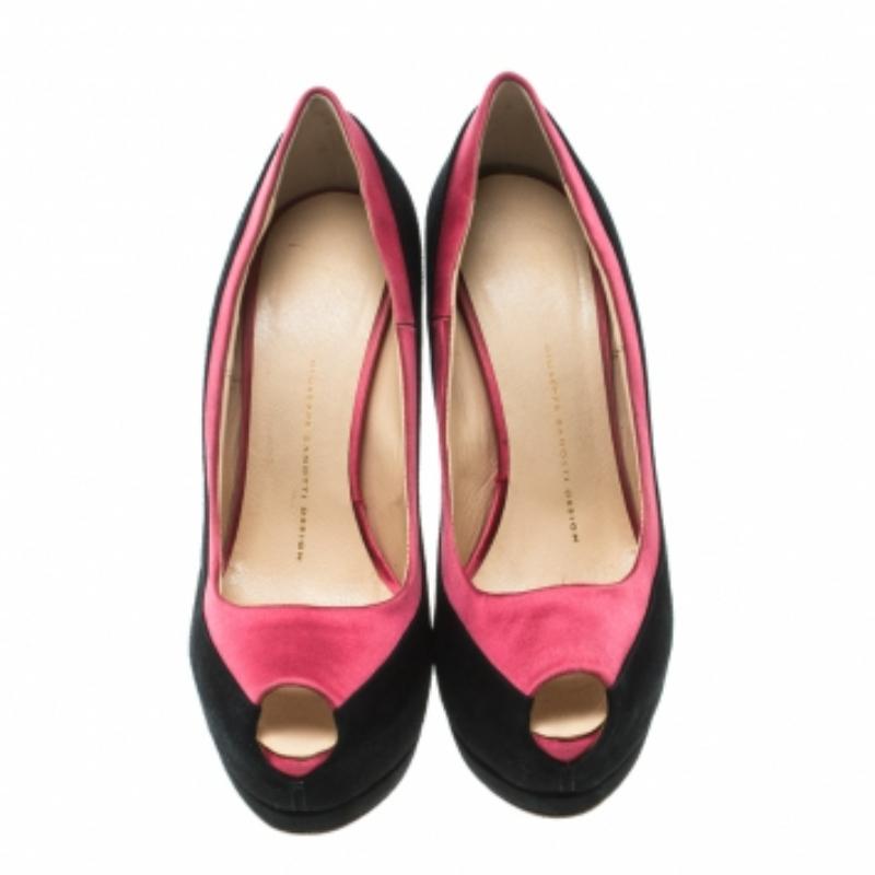Giuseppe Zanotti Schwarz/Rosa Wildleder und Satin Peep Toe Plateau Pumps Größe 38 im Angebot 1