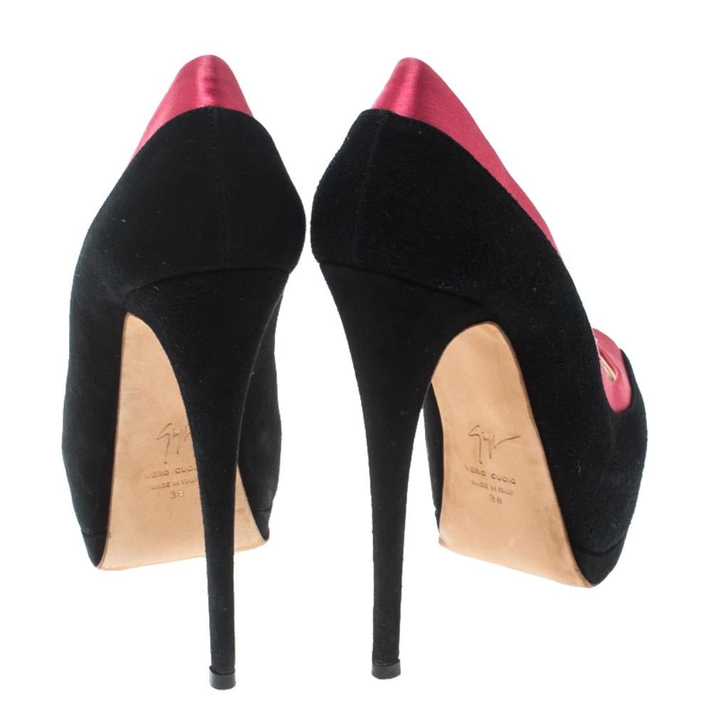 Giuseppe Zanotti Black/Pink Suede and Satin Peep Toe Platform Pumps Size 38 1