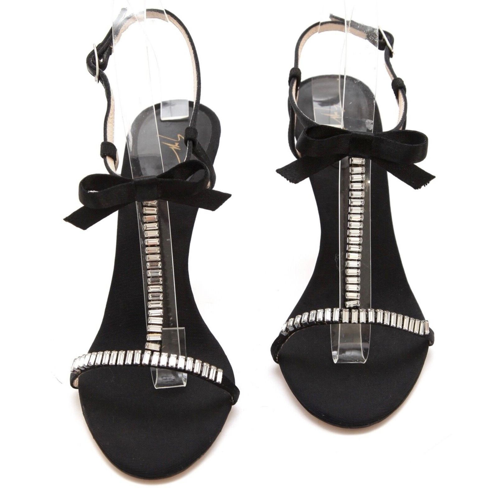 Women's GIUSEPPE ZANOTTI Black Sandal Satin Leather Crystal T-Strap Bow Ankle Sz 37.5 For Sale