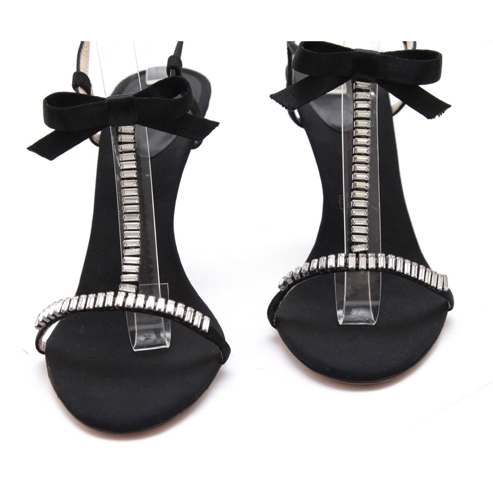 GIUSEPPE ZANOTTI Black Sandal Satin Leather Crystal T-Strap Bow Ankle Sz 37.5 For Sale 1