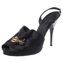 Giuseppe Zanotti Black Satin Bow Crystal Embellished Slingback Sandals Size 39
