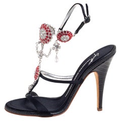 Giuseppe Zanotti Black Satin Crystal Embellished Ankle Strap Sandals Size 37.5