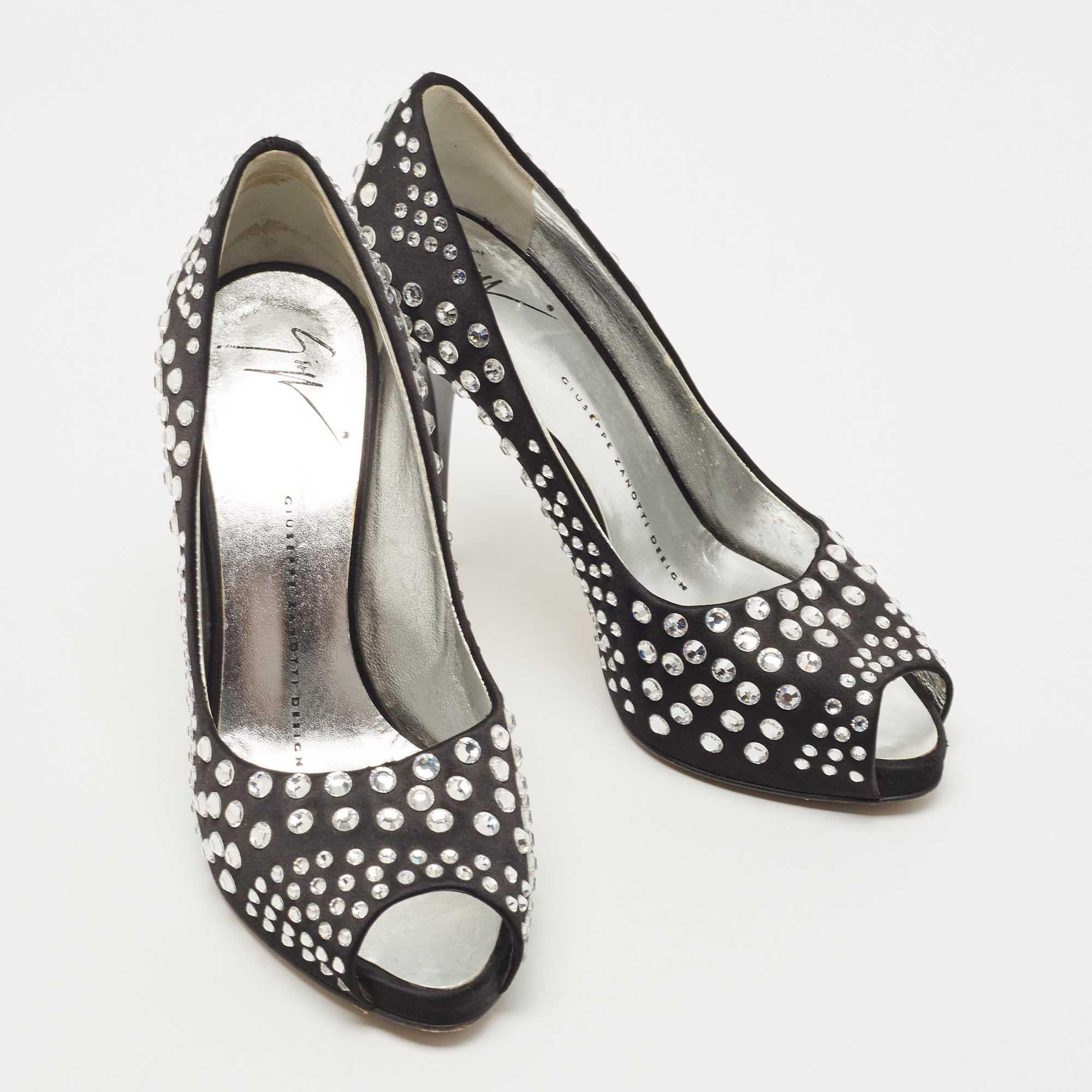 Women's Giuseppe Zanotti Black Satin Crystal Embellished Peep Toe Platform Pumps Size 36 For Sale