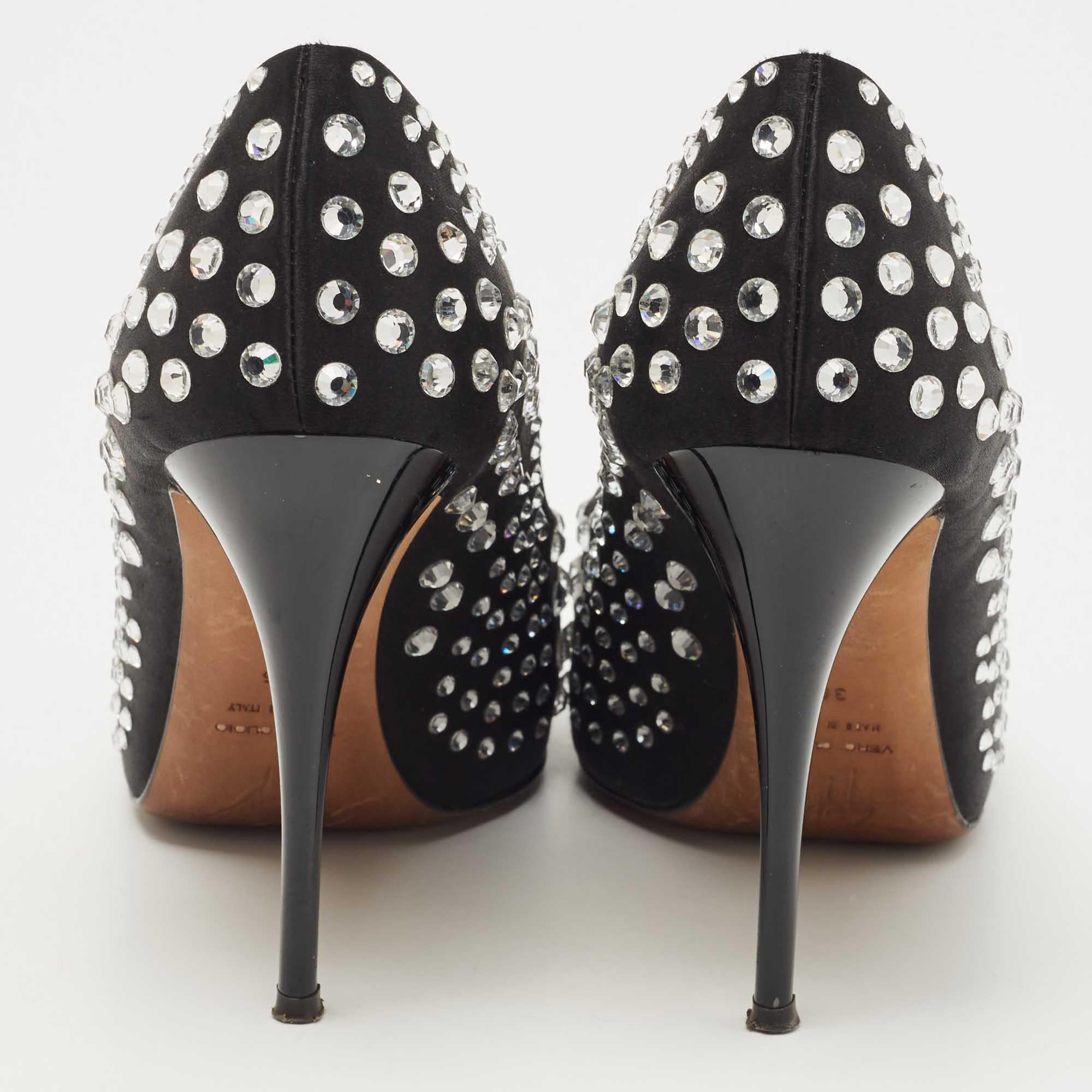 Giuseppe Zanotti Black Satin Crystal Embellished Peep Toe Platform Pumps Size 36 For Sale 1