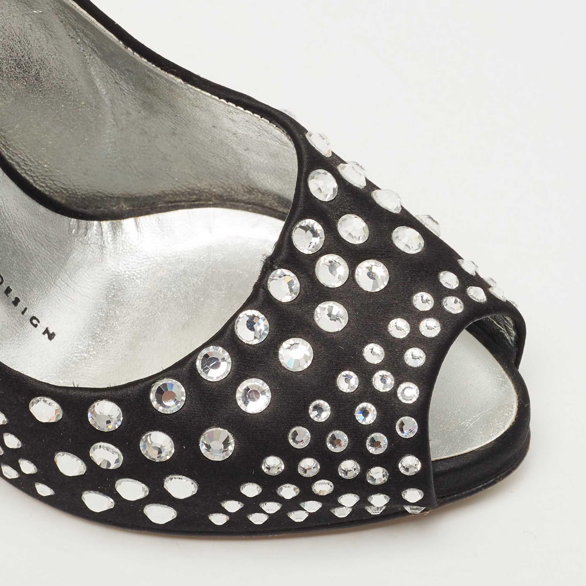 Giuseppe Zanotti Black Satin Crystal Embellished Peep Toe Platform Pumps Size 36 For Sale 3