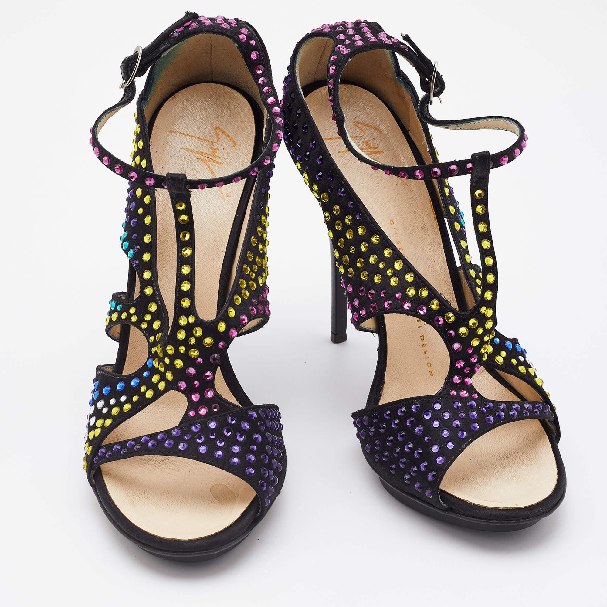 Giuseppe Zanotti Black Satin Crystal Embellished Strappy Sandals Size 38 In Good Condition For Sale In Dubai, Al Qouz 2