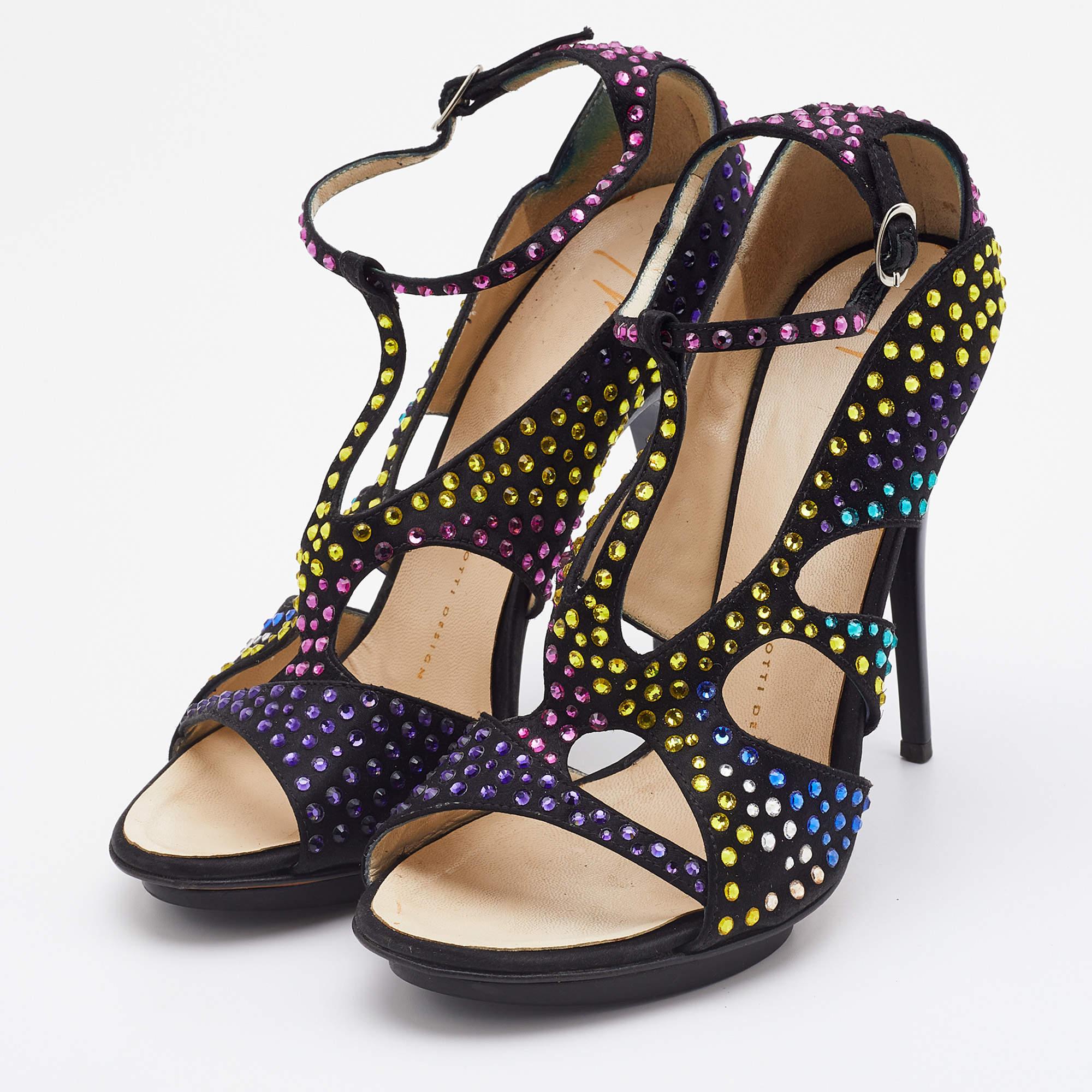 Women's Giuseppe Zanotti Black Satin Crystal Embellished Strappy Sandals Size 38 For Sale