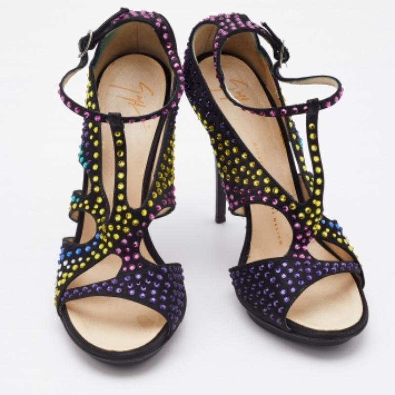 Giuseppe Zanotti - Sandales à lanières en satin noir ornées de cristaux, taille 38 Pour femmes en vente