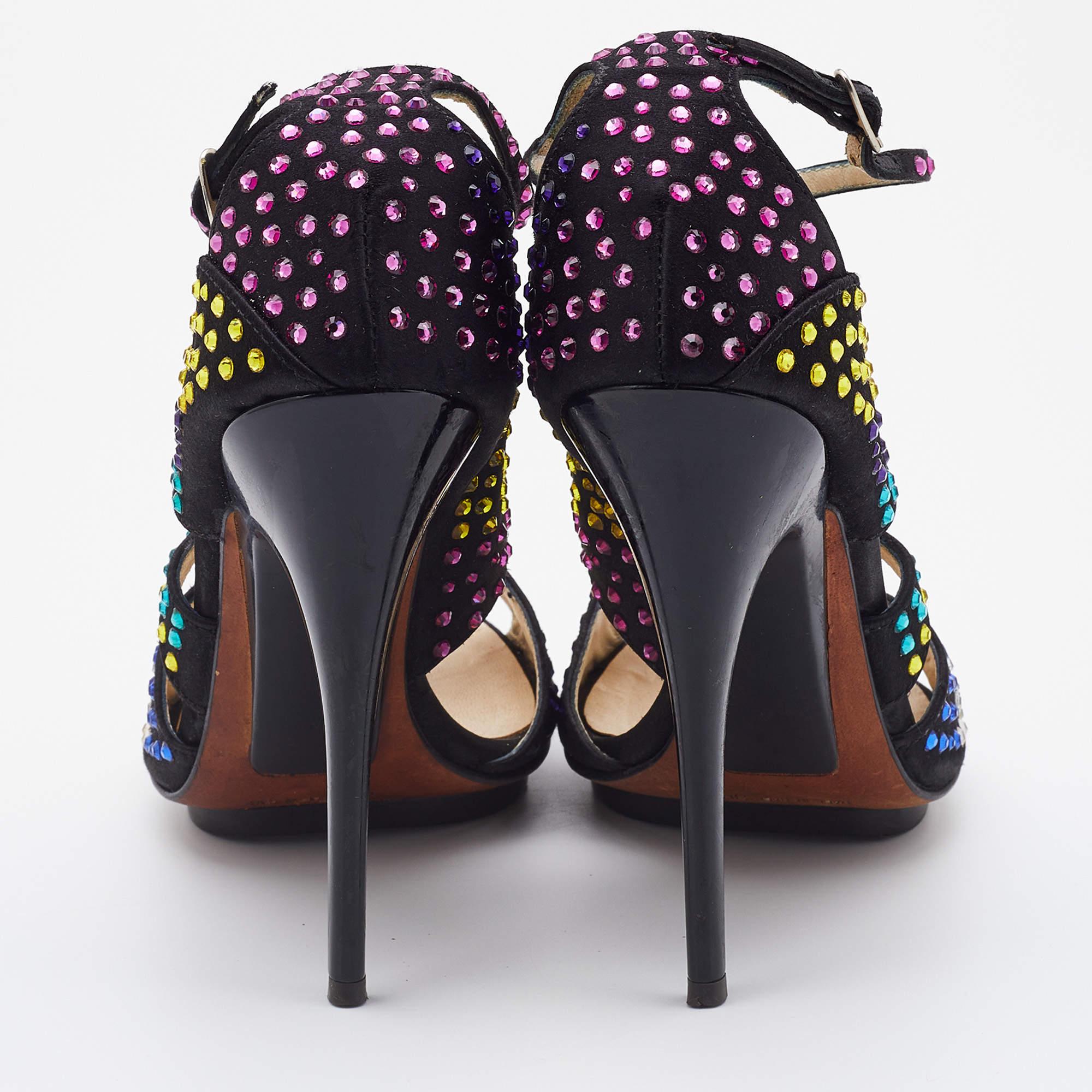 Giuseppe Zanotti Black Satin Crystal Embellished Strappy Sandals Size 38 For Sale 1