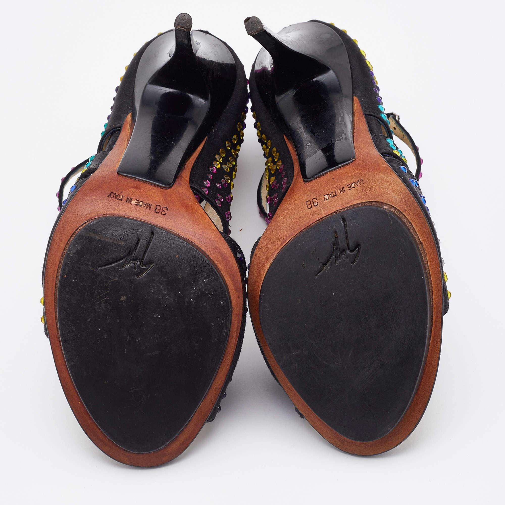 Giuseppe Zanotti Black Satin Crystal Embellished Strappy Sandals Size 38 For Sale 4