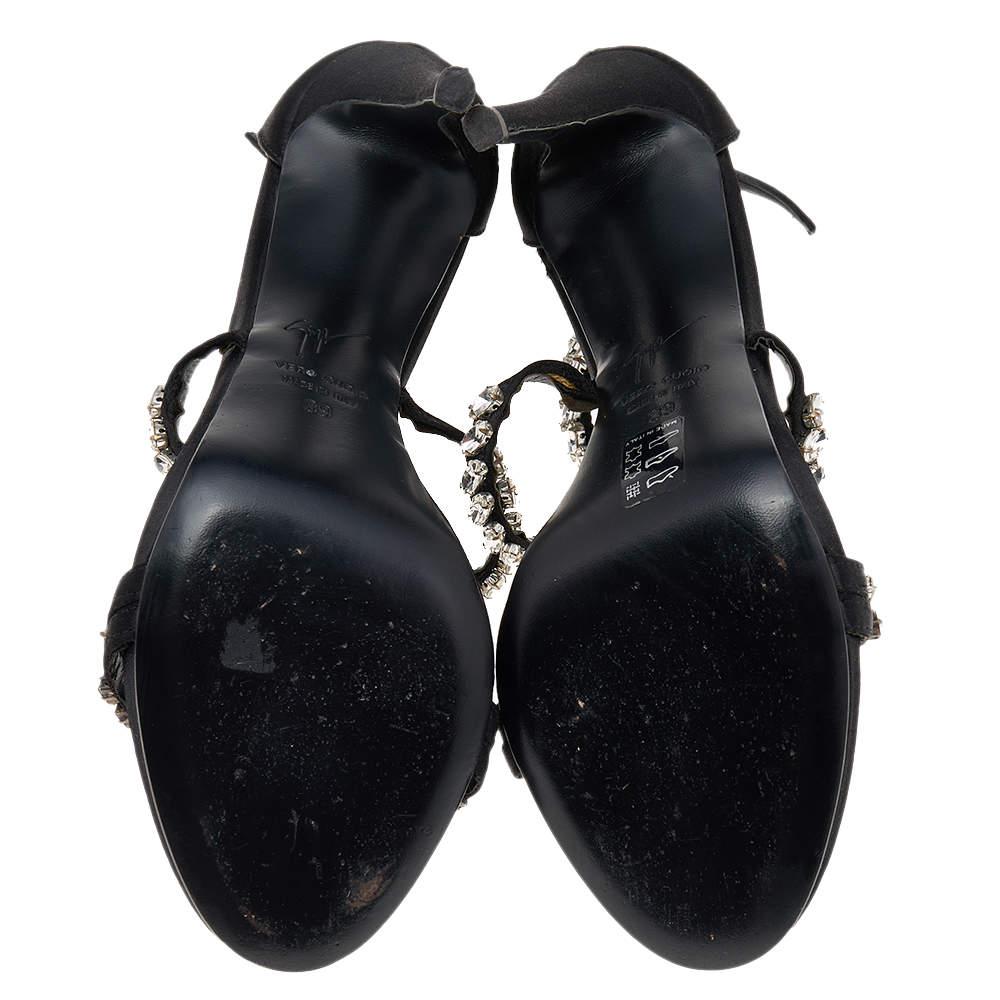 Women's Giuseppe Zanotti Black Satin Crystal Embellished Strappy Zipper Sandals Size 39 For Sale