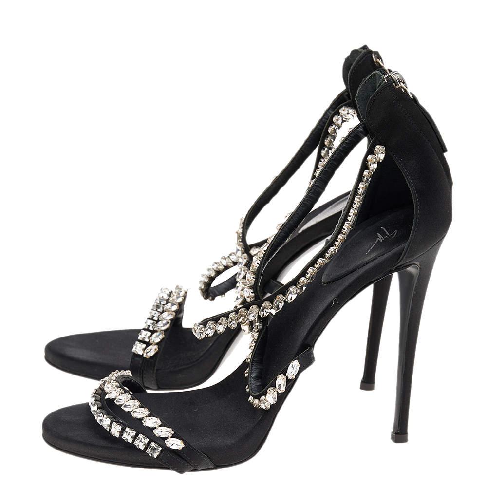 Giuseppe Zanotti Black Satin Crystal Embellished Strappy Zipper Sandals Size 39 For Sale 1