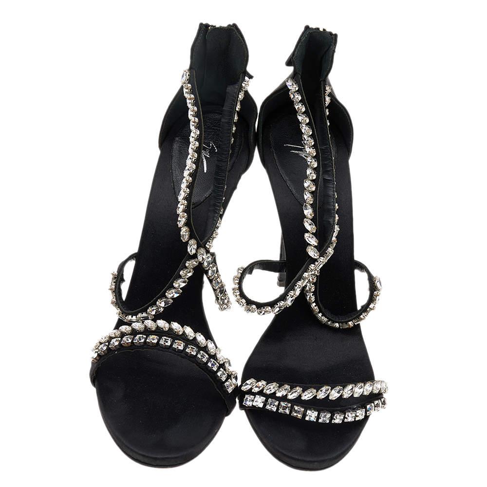 Giuseppe Zanotti Black Satin Crystal Embellished Strappy Zipper Sandals Size 39 For Sale 2