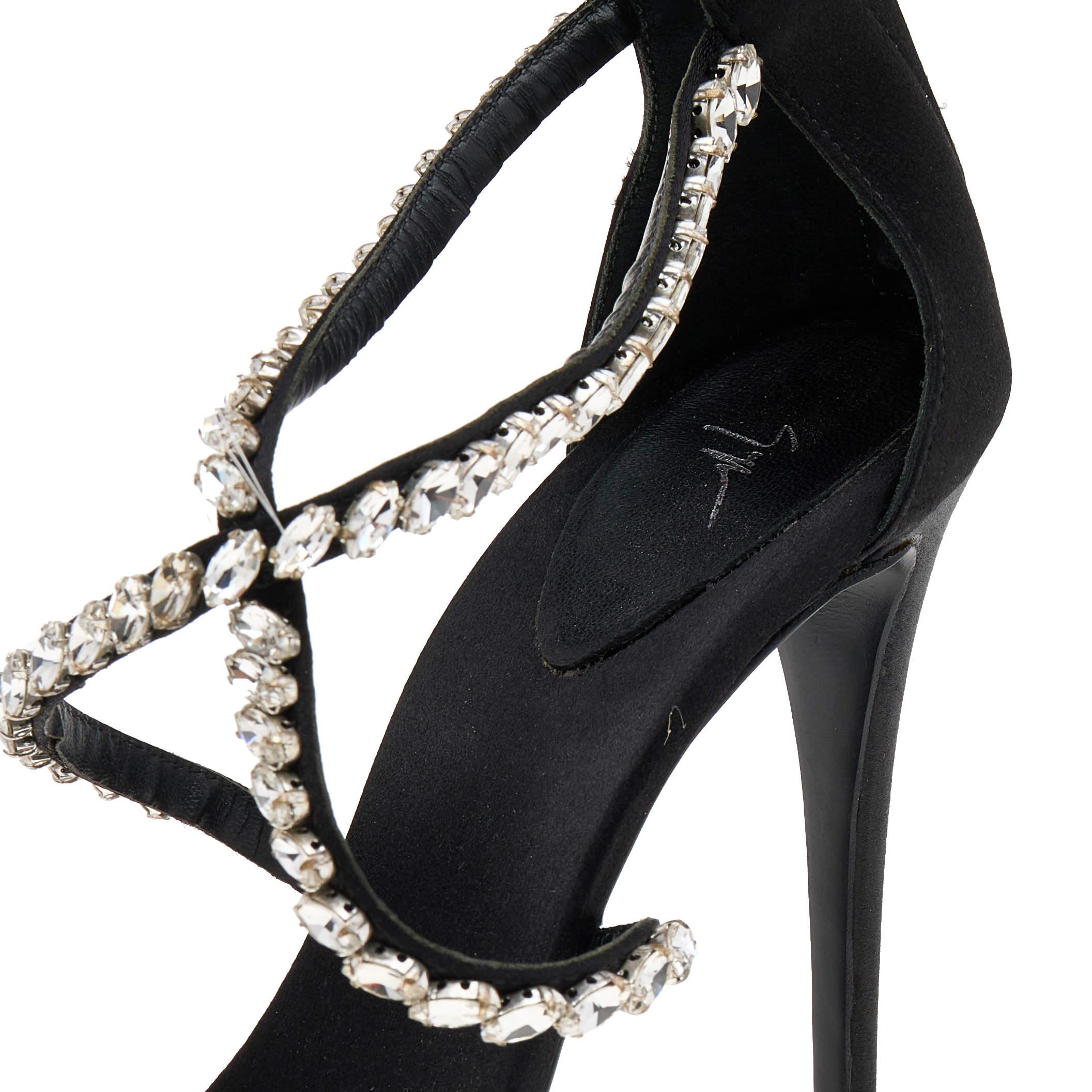 Giuseppe Zanotti Black Satin Crystal Embellished Strappy Zipper Sandals Size 39 For Sale 3