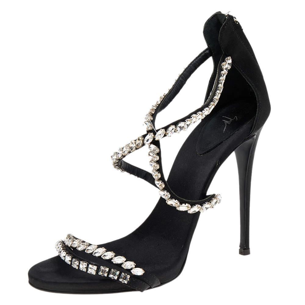 Giuseppe Zanotti Black Satin Crystal Embellished Strappy Zipper Sandals Size 39 For Sale