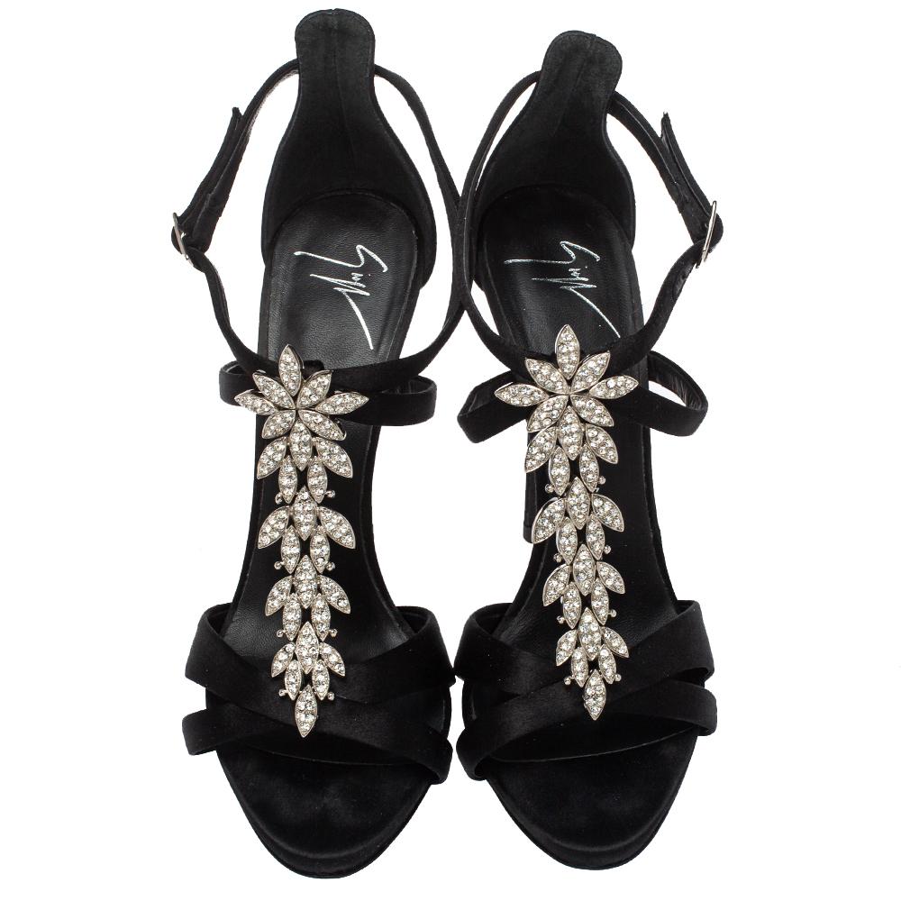 Women's Giuseppe Zanotti Black Satin Crystal Embellished T-Strap Sandals Size 37.5