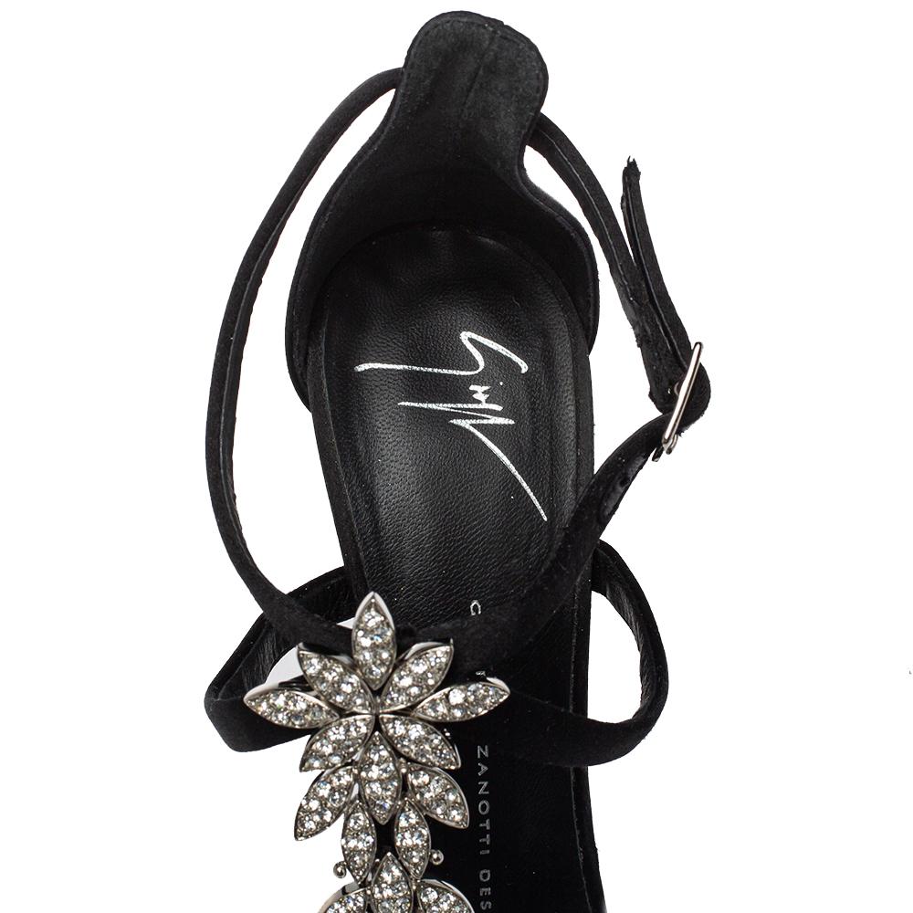 Giuseppe Zanotti Black Satin Crystal Embellished T-Strap Sandals Size 37.5 2