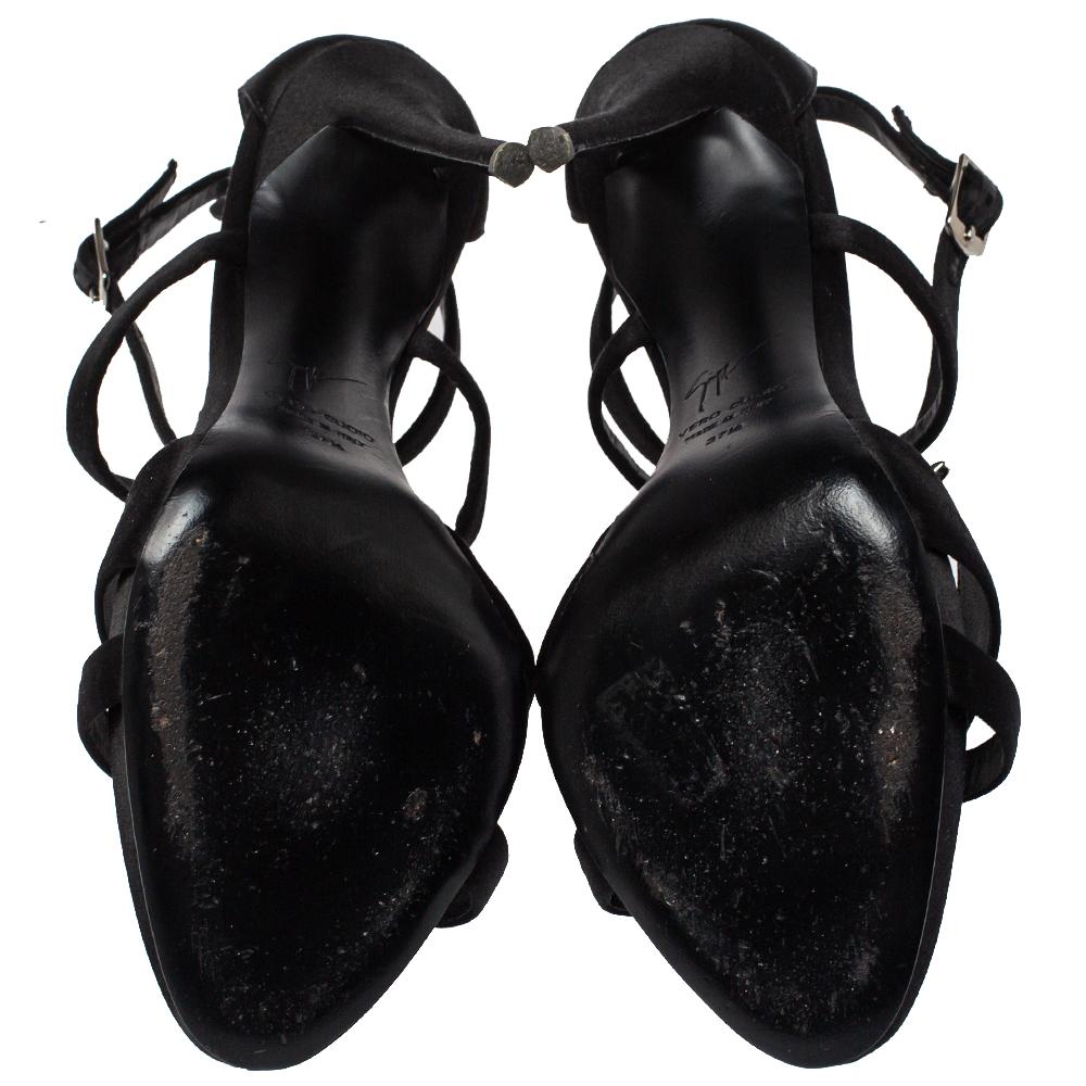 Giuseppe Zanotti Black Satin Crystal Embellished T-Strap Sandals Size 37.5 3