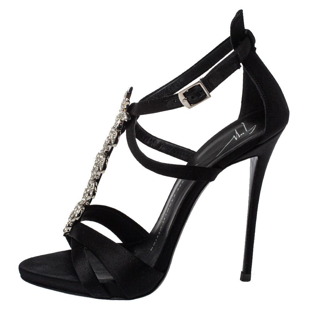 Giuseppe Zanotti Black Satin Crystal Embellished T-Strap Sandals Size 37.5