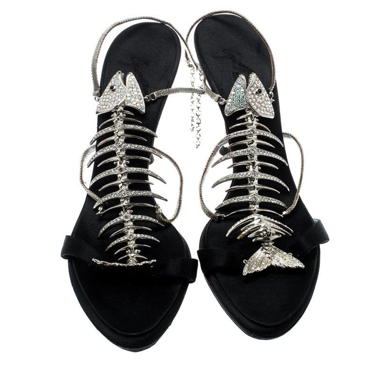 Giuseppe Zanotti Black Satin Crystal Encrusted Fish Bone Sandals Size 36  For Sale at 1stDibs