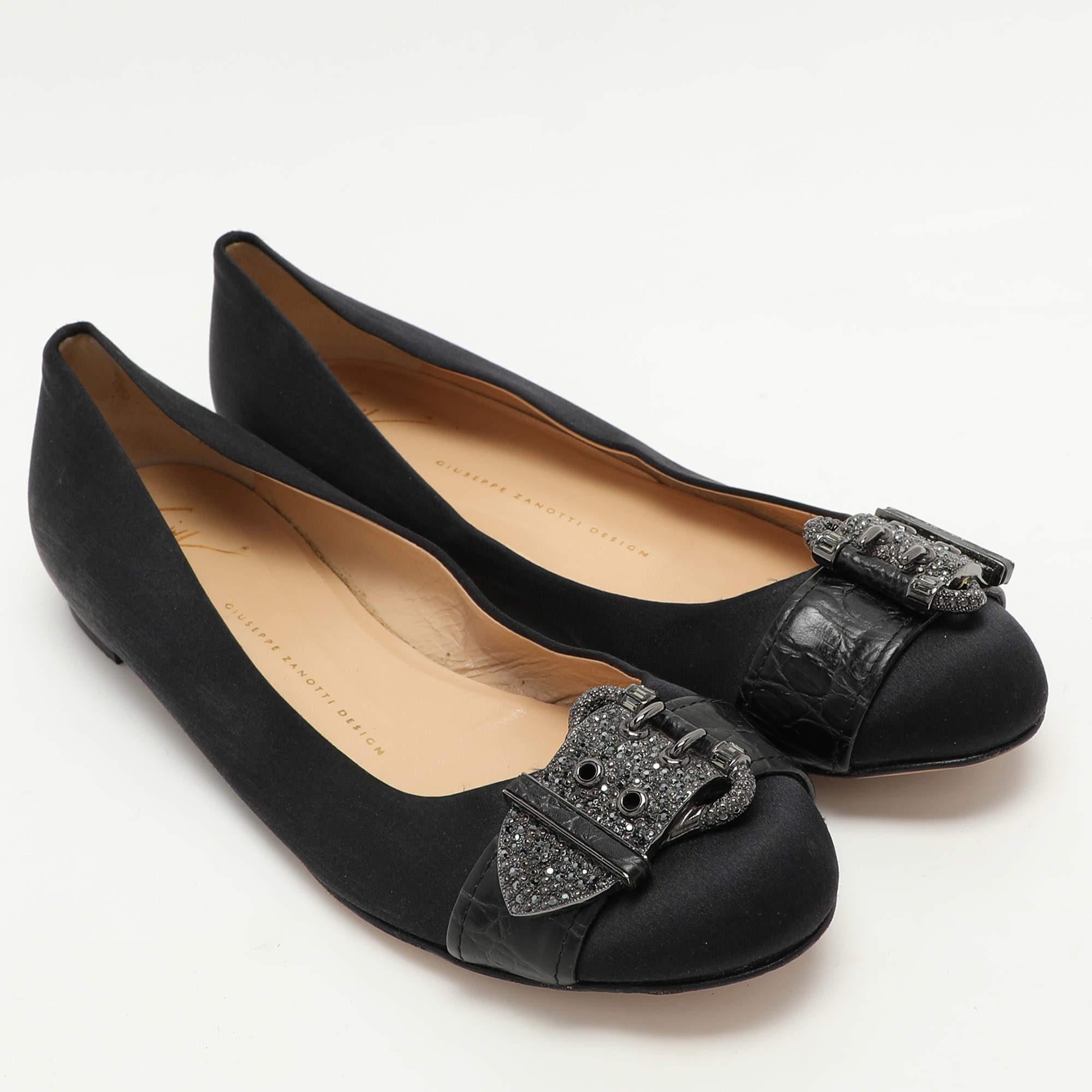 Women's Giuseppe Zanotti Black Satin Embellished Ballet Flats Size 39 For Sale