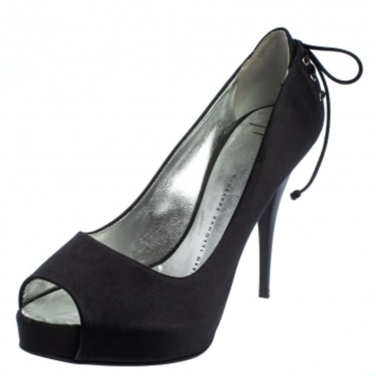 Women's Giuseppe Zanotti Black Satin Peep Toe Knot Detailed Pumps Size 36.5 For Sale