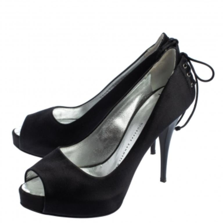 Giuseppe Zanotti Black Satin Peep Toe Knot Detailed Pumps Size 36.5 For Sale 2