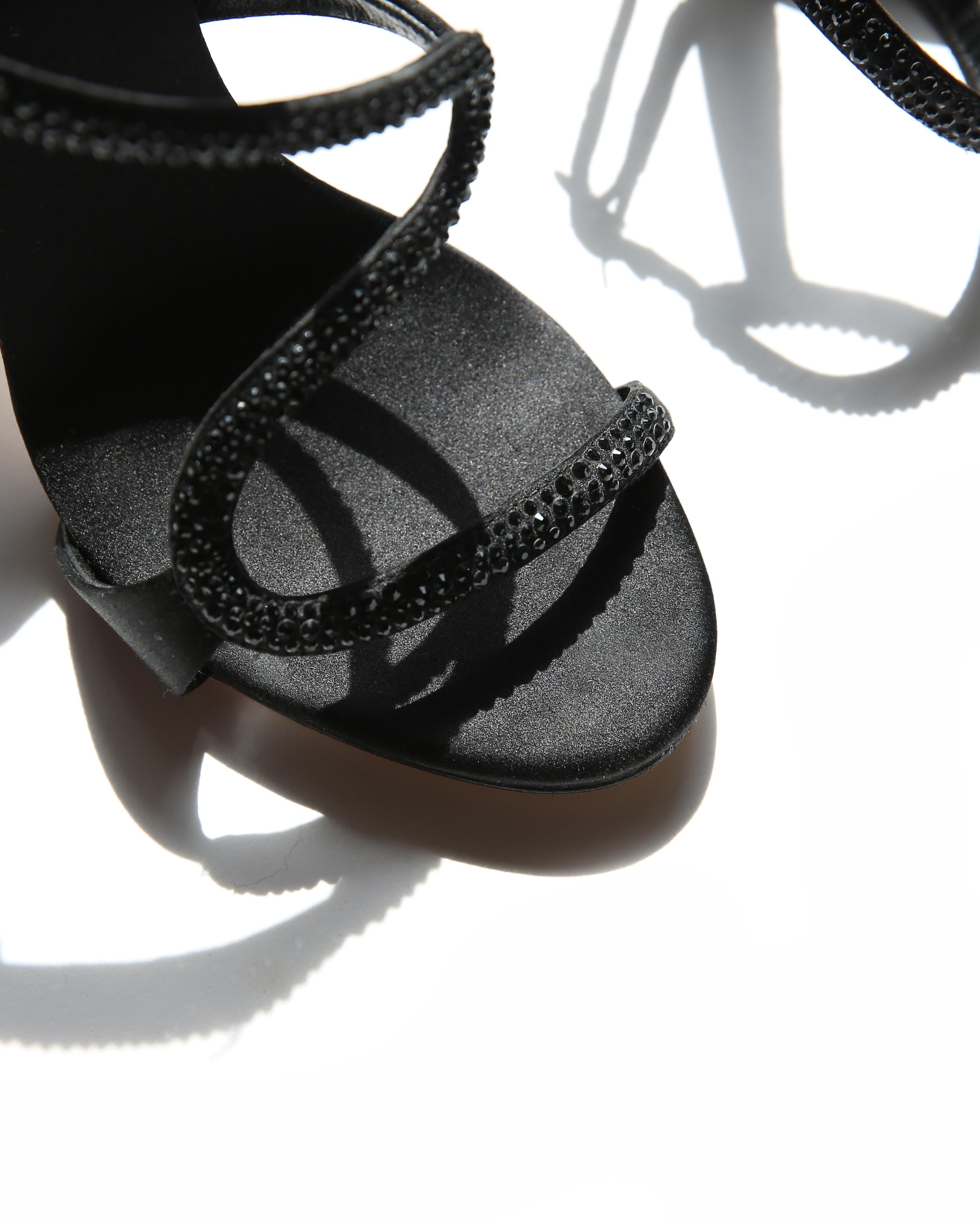 Black Giuseppe Zanotti black satin stiletto high heel swarovski crystal sandals 39 For Sale