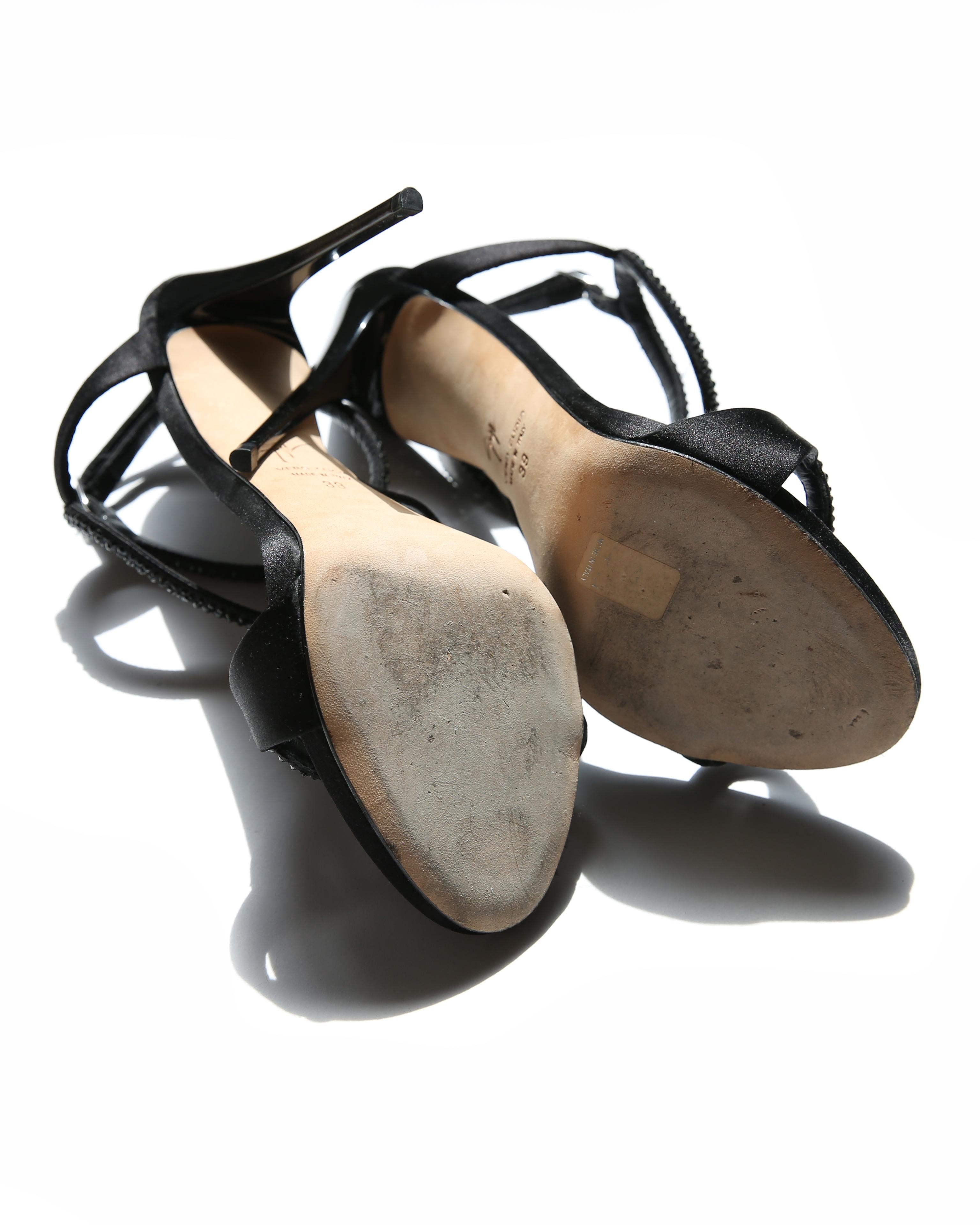 Women's Giuseppe Zanotti black satin stiletto high heel swarovski crystal sandals 39 For Sale