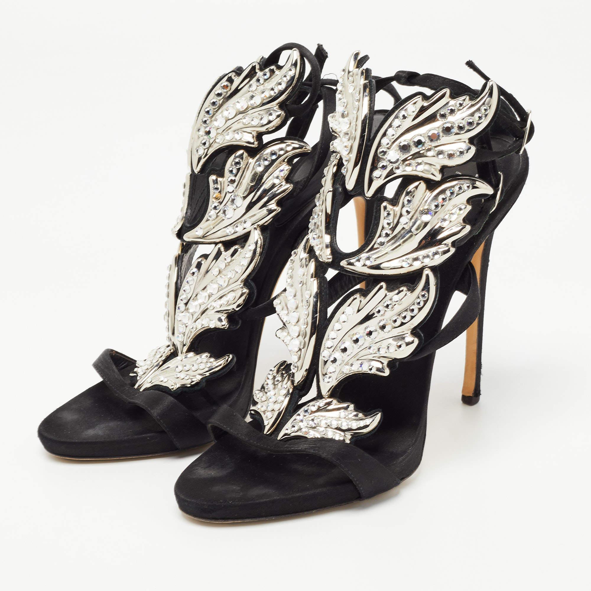 Women's Giuseppe Zanotti Black Satin Wing Jeweled Sandals Size 40 For Sale