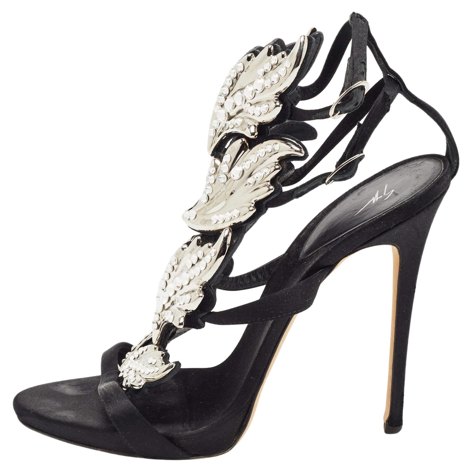 Giuseppe Zanotti Black Satin Wing Jeweled Sandals Size 40 For Sale