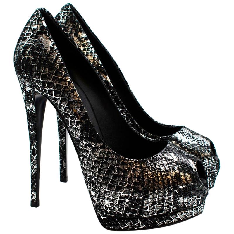 Giuseppe Zanotti Black & Silver Snakeskin Print Peep Toe - Size 37.5 For Sale