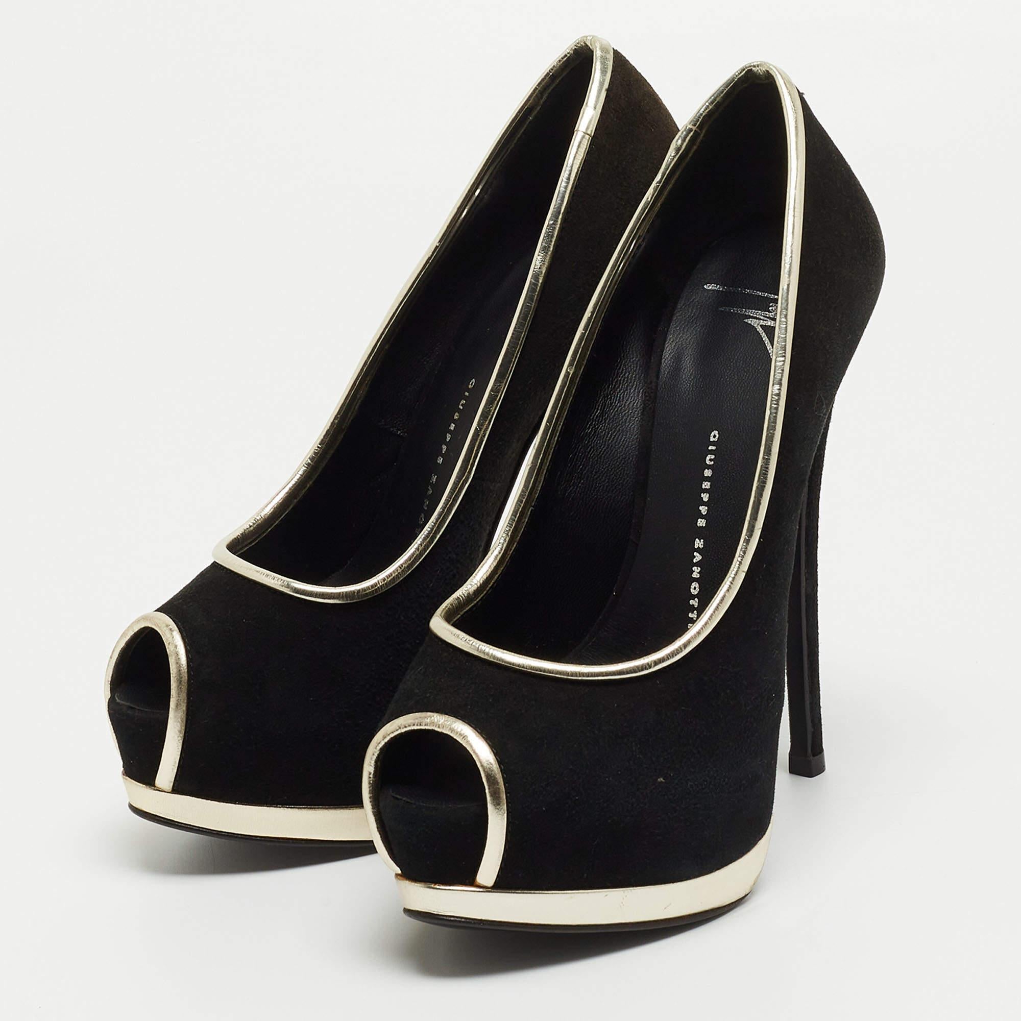 Women's Giuseppe Zanotti Black /Silver Suede Peep Toe Platform Pumps Size 35 For Sale