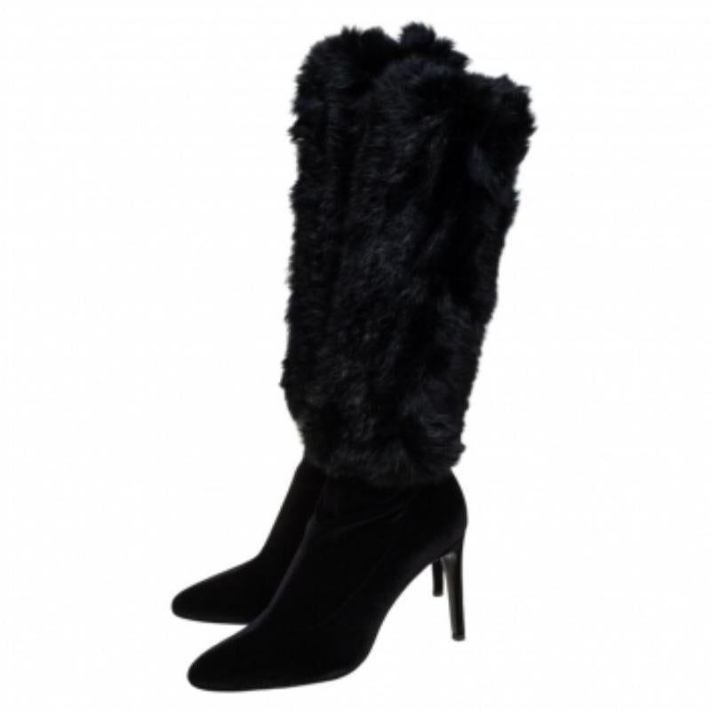 Giuseppe Zanotti Black Stretch Fabric And Fur Bimba Knee High Boots Size 40 In Good Condition For Sale In Dubai, Al Qouz 2