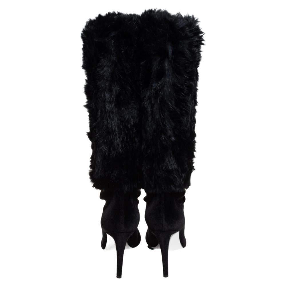 Women's Giuseppe Zanotti Black Stretch Fabric And Fur Bimba Knee High Boots Size 40