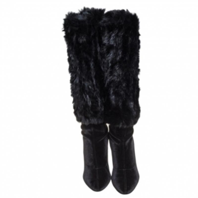 Giuseppe Zanotti Black Stretch Fabric And Fur Bimba Knee High Boots Size 40 For Sale 1