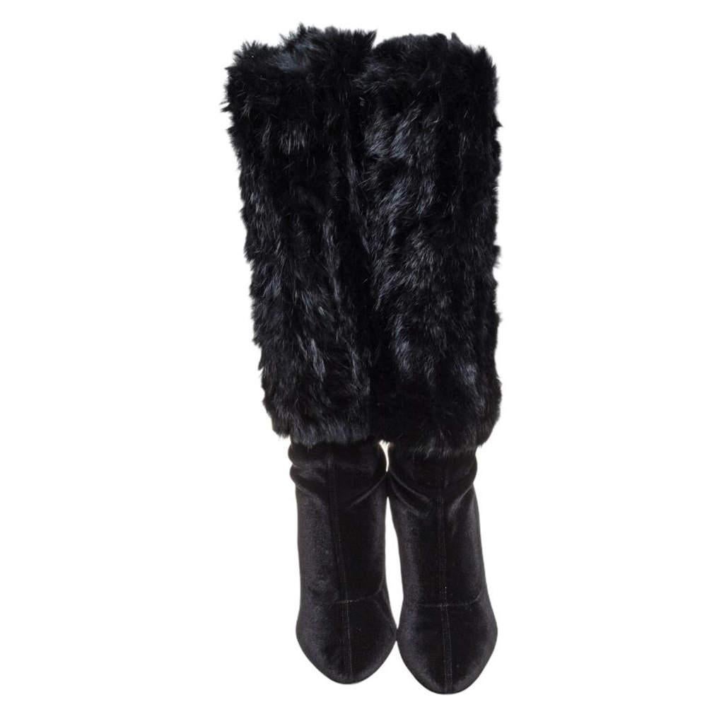 Giuseppe Zanotti Black Stretch Fabric And Fur Bimba Knee High Boots Size 40 1