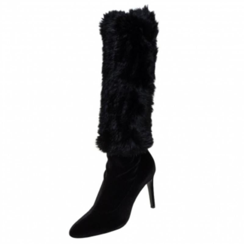 Giuseppe Zanotti Black Stretch Fabric And Fur Bimba Knee High Boots Size 40 For Sale 2