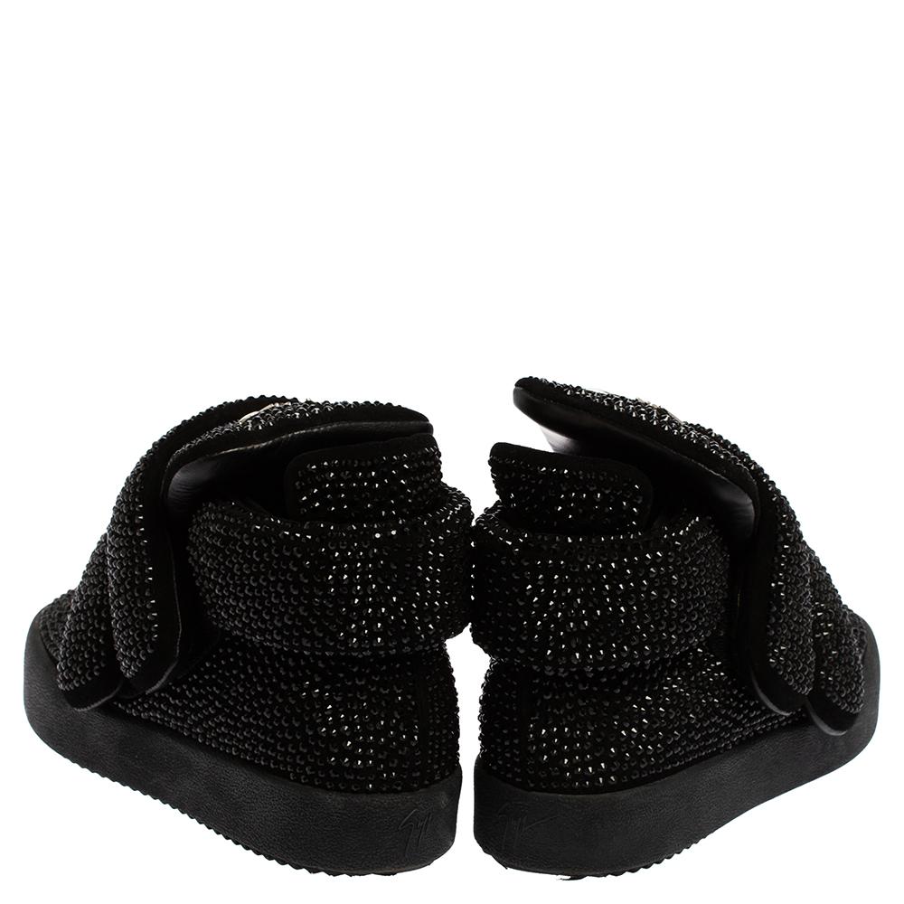 Giuseppe Zanotti Black Suede and Crystal Embellished Mid Top Sneakers Size 41 In Good Condition In Dubai, Al Qouz 2