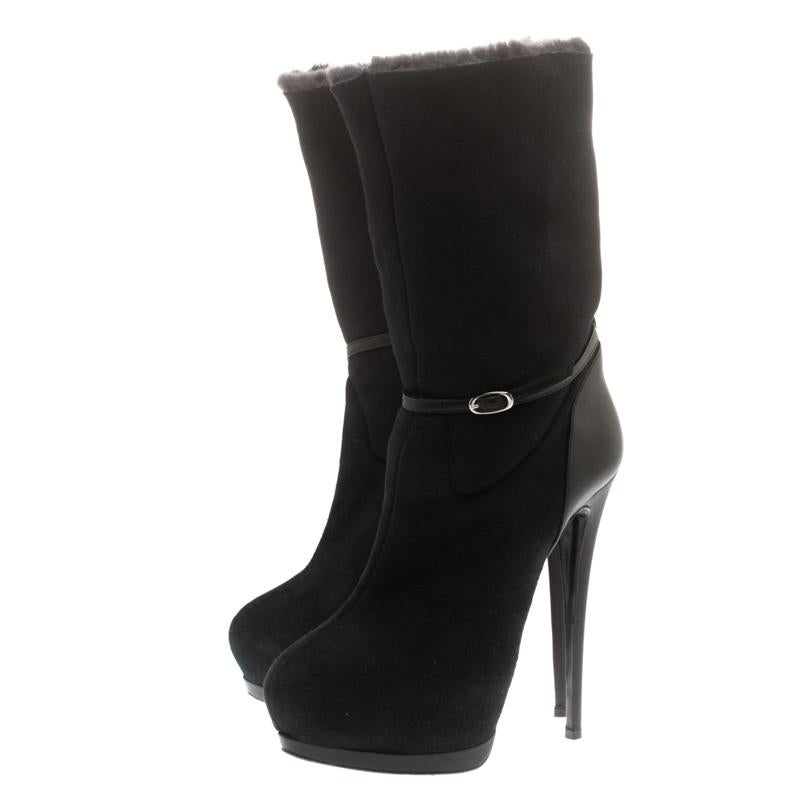 Women's Giuseppe Zanotti Black Suede And Leather Calf Length Platform Boots Size 39