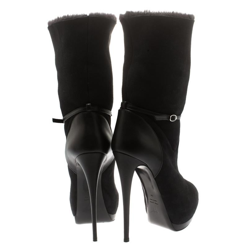 Giuseppe Zanotti Black Suede And Leather Calf Length Platform Boots Size 39 1