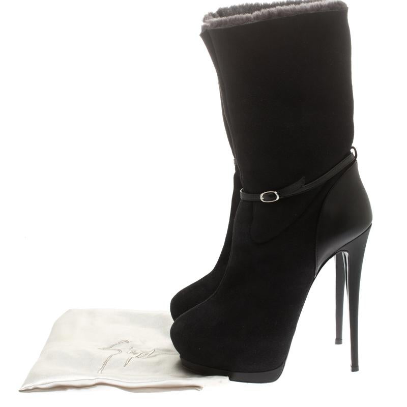Giuseppe Zanotti Black Suede And Leather Calf Length Platform Boots Size 39 4